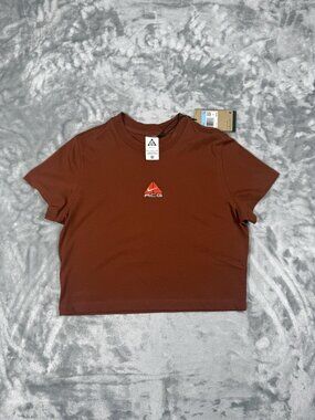 New Nike ACG Shirt Women's Medium Brown Dri-FIT Cropped Logo Tee HM6084 245